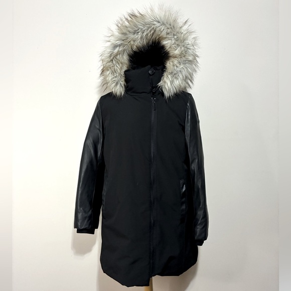 DKNY Black Down/Feather Puffer Jacket with Faux Fur Trim and Leather Sleeves - Picture 6 of 12